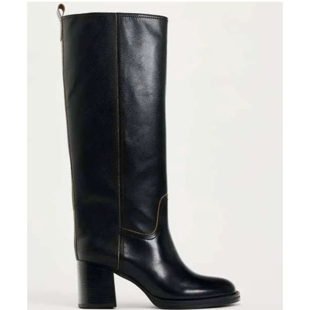 Zara Knee High Black Leather Riding Boots Heel Size 7.5